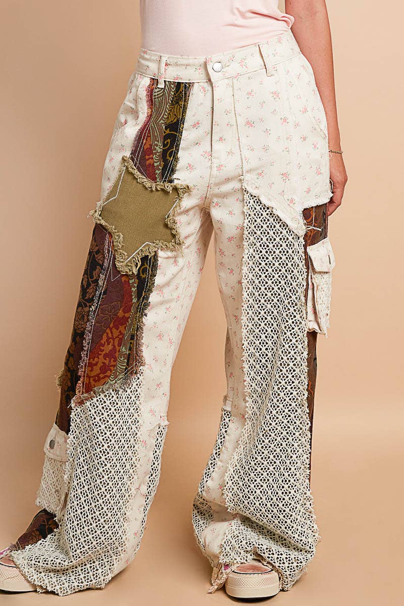 Printed patchwork detail woven twill pants