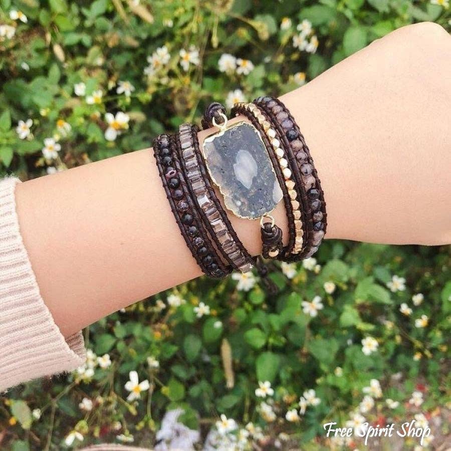 Natural Black Ocean Agate Beaded Wrap Bracelet