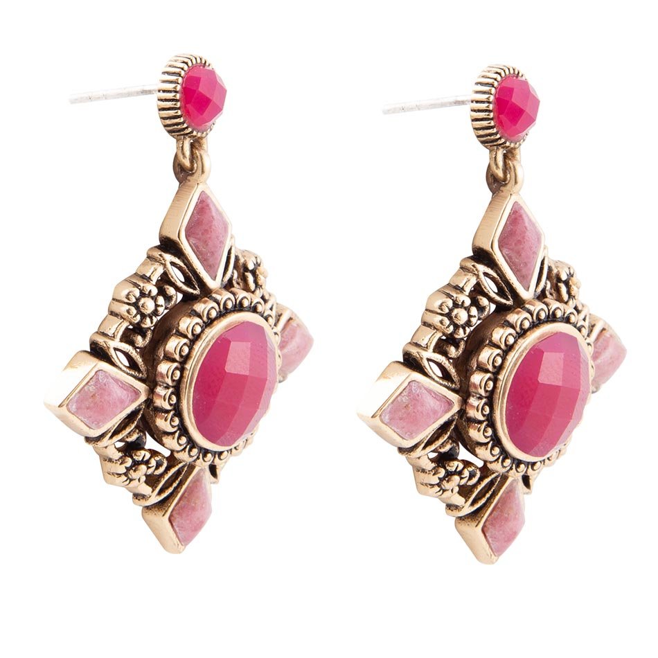 Embellished Pink Quartz Golden Post Drop Earrings