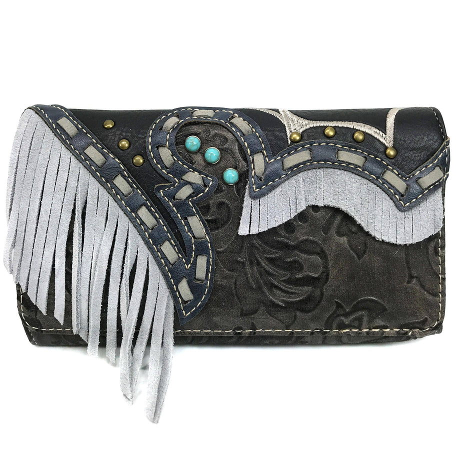 Suede Fringe Western Floral Crossbody Wallet