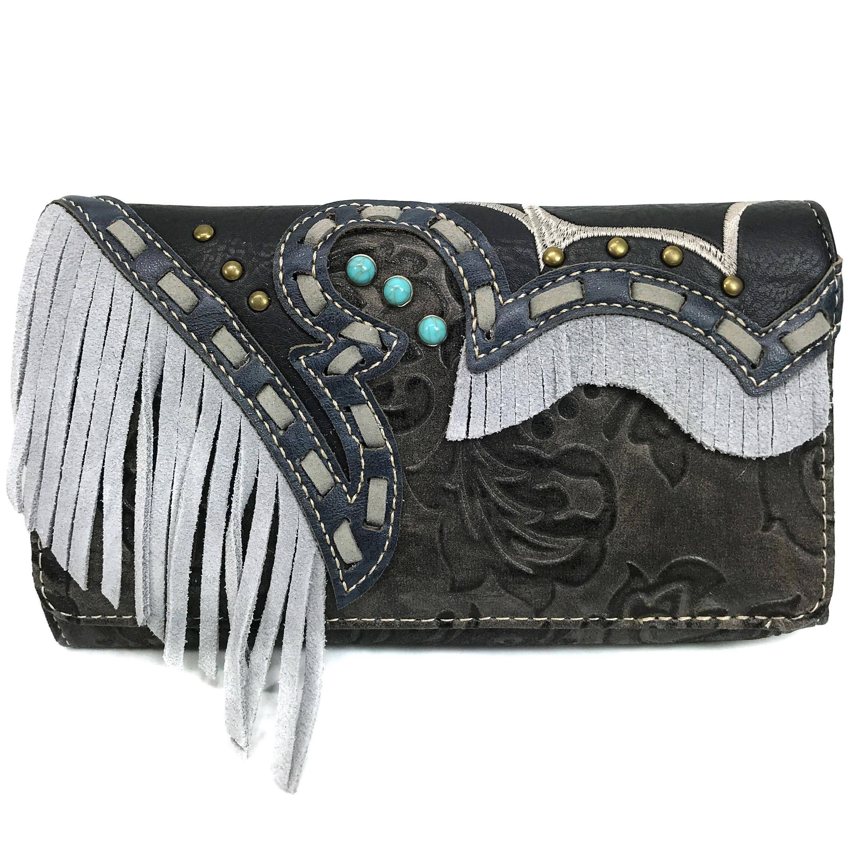 Suede Fringe Western Floral Crossbody Wallet