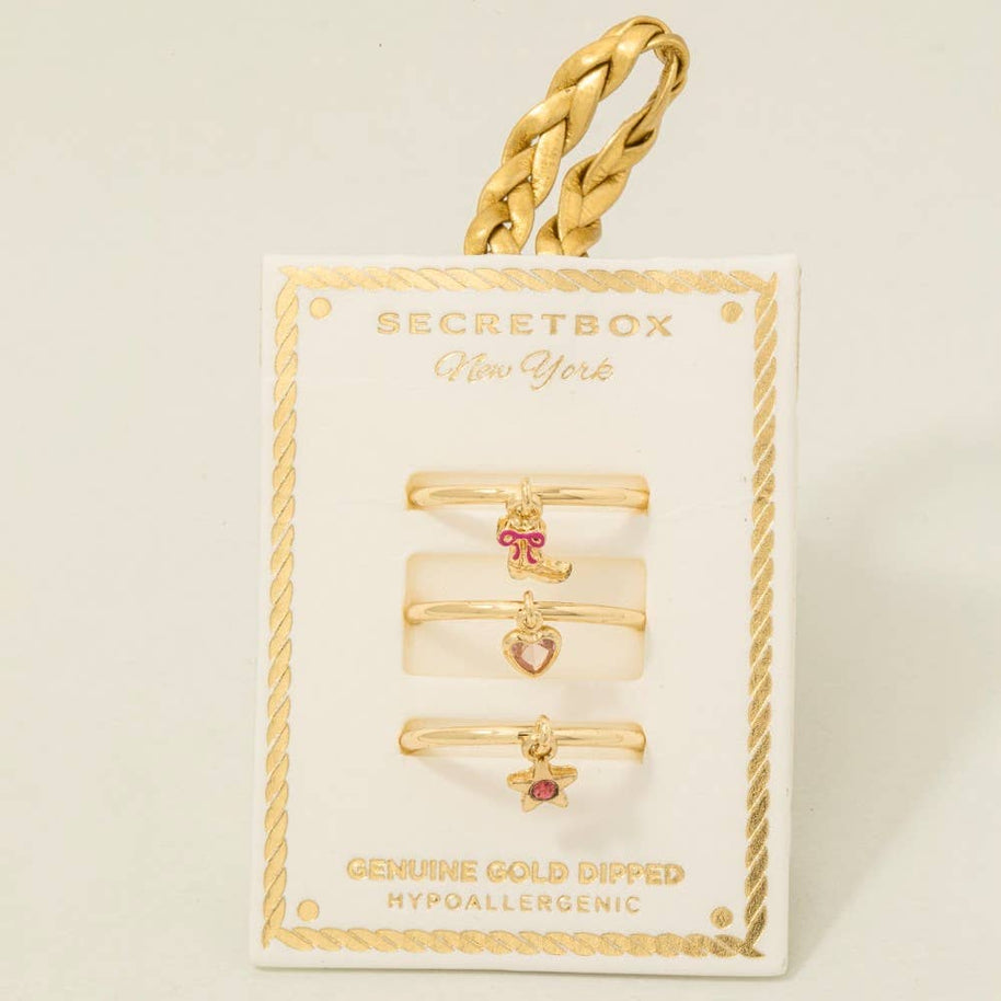 Gold Dipped 3Pc Dangle Charms Rings Set