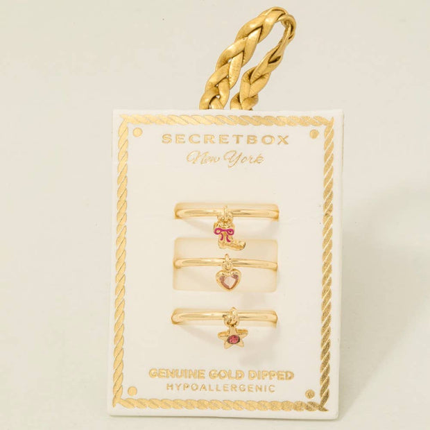Gold Dipped 3Pc Dangle Charms Rings Set