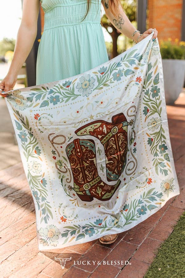 Ivory Sage Cowgirl Boots Double Sided Printed Wild Rag