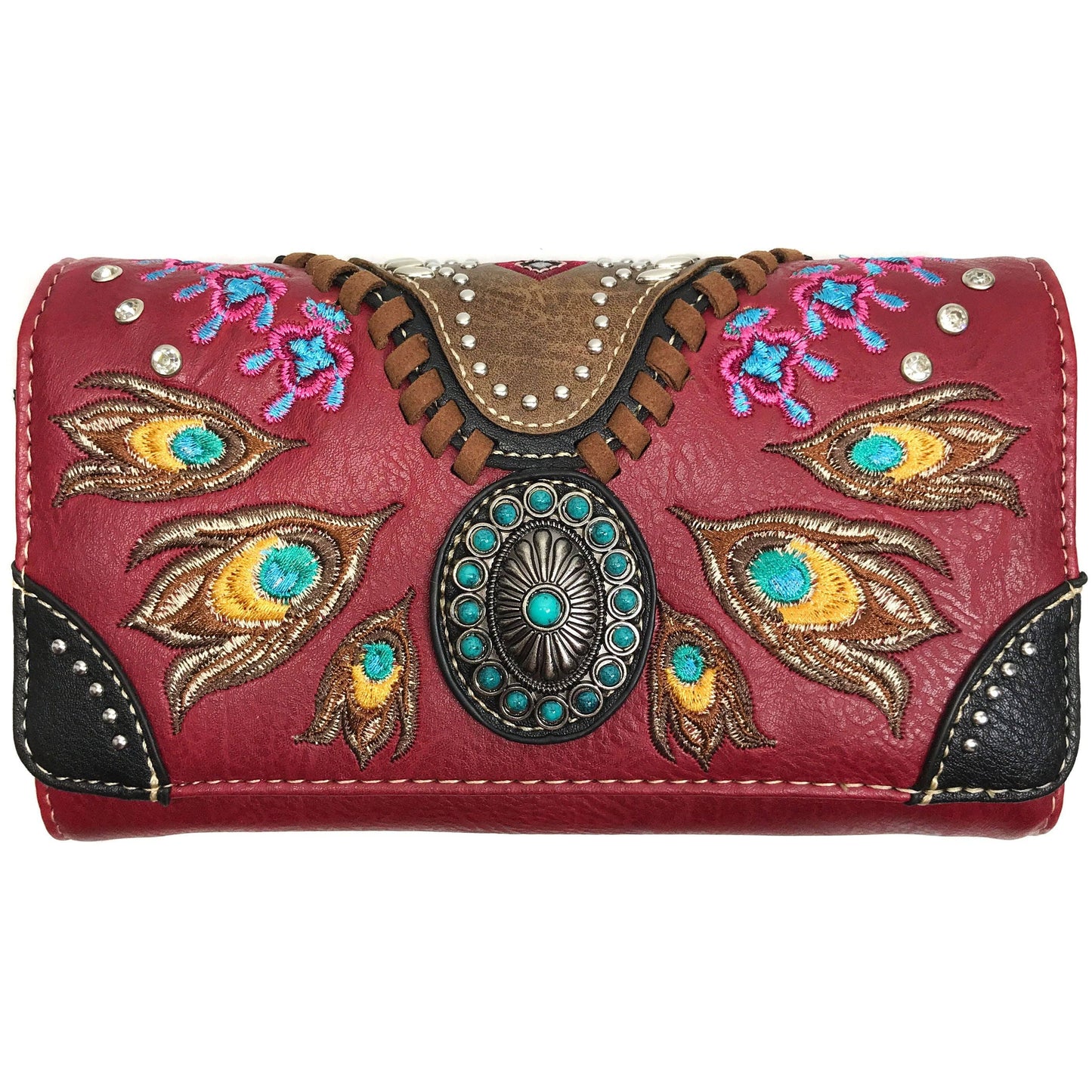 Turquoise Concho Feathers Embroidery Crossbody Wallet