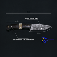 Damascus Knife Horn & Bone Handle, Handmade