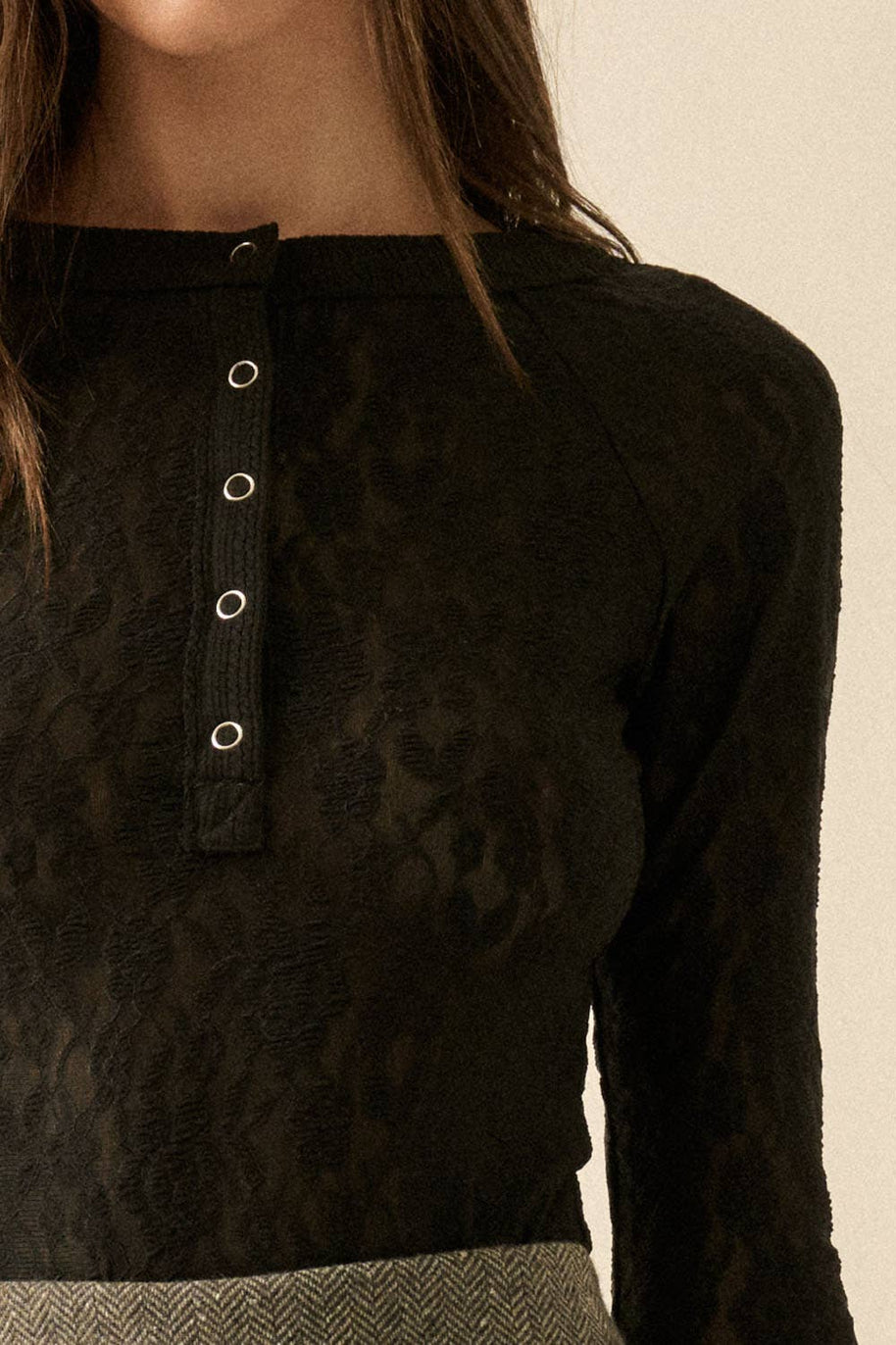 Lace Raglan-Sleeve Henley Top, Black