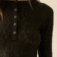 Lace Raglan-Sleeve Henley Top, Black