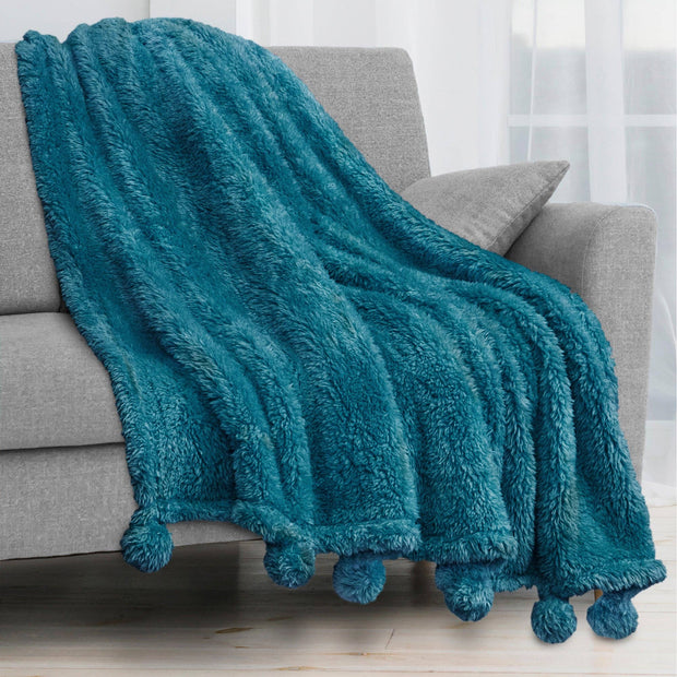 Pom Pom Twin Sherpa Blanket, Turquoise