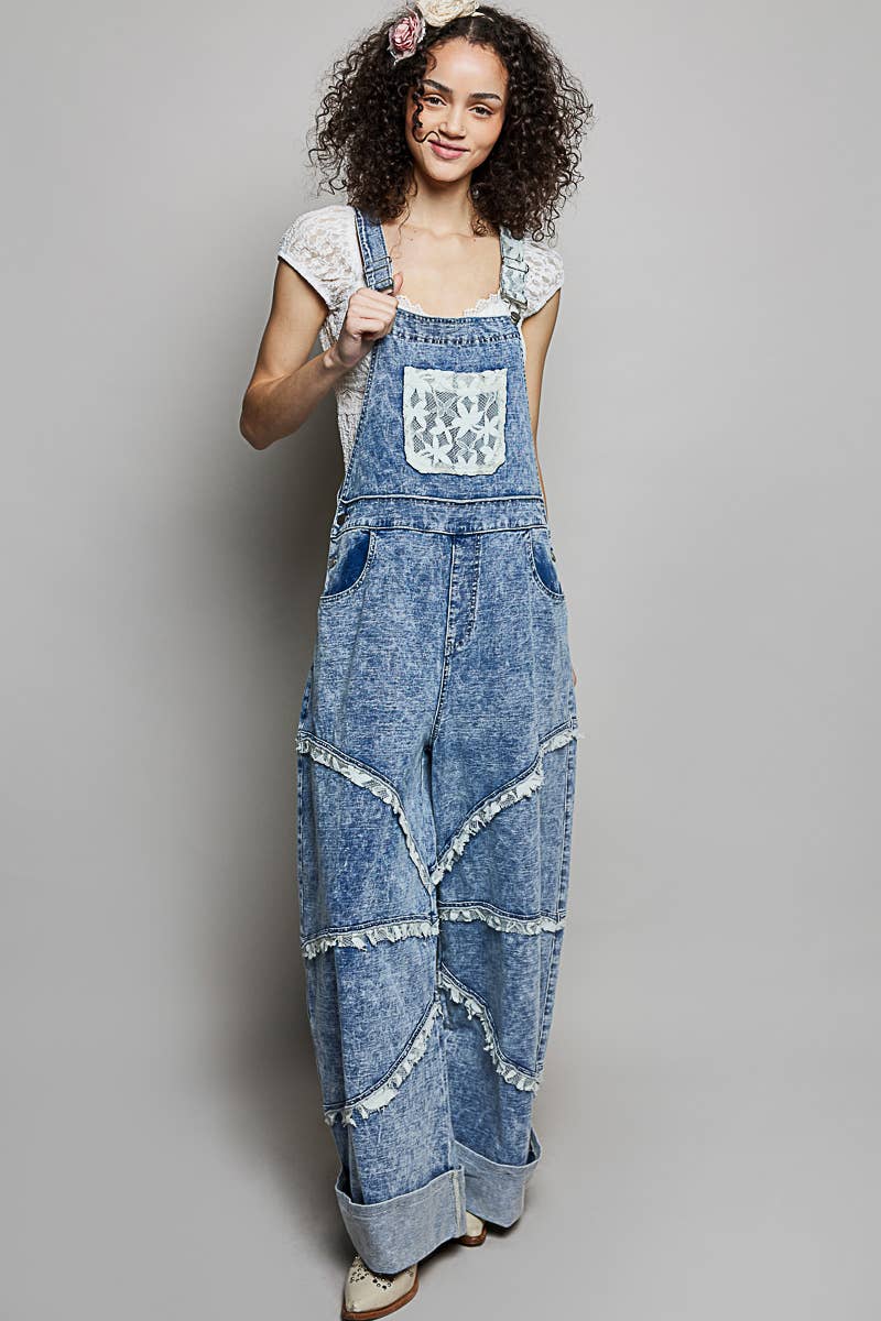Relaxed Fit Lace Trim Overalls