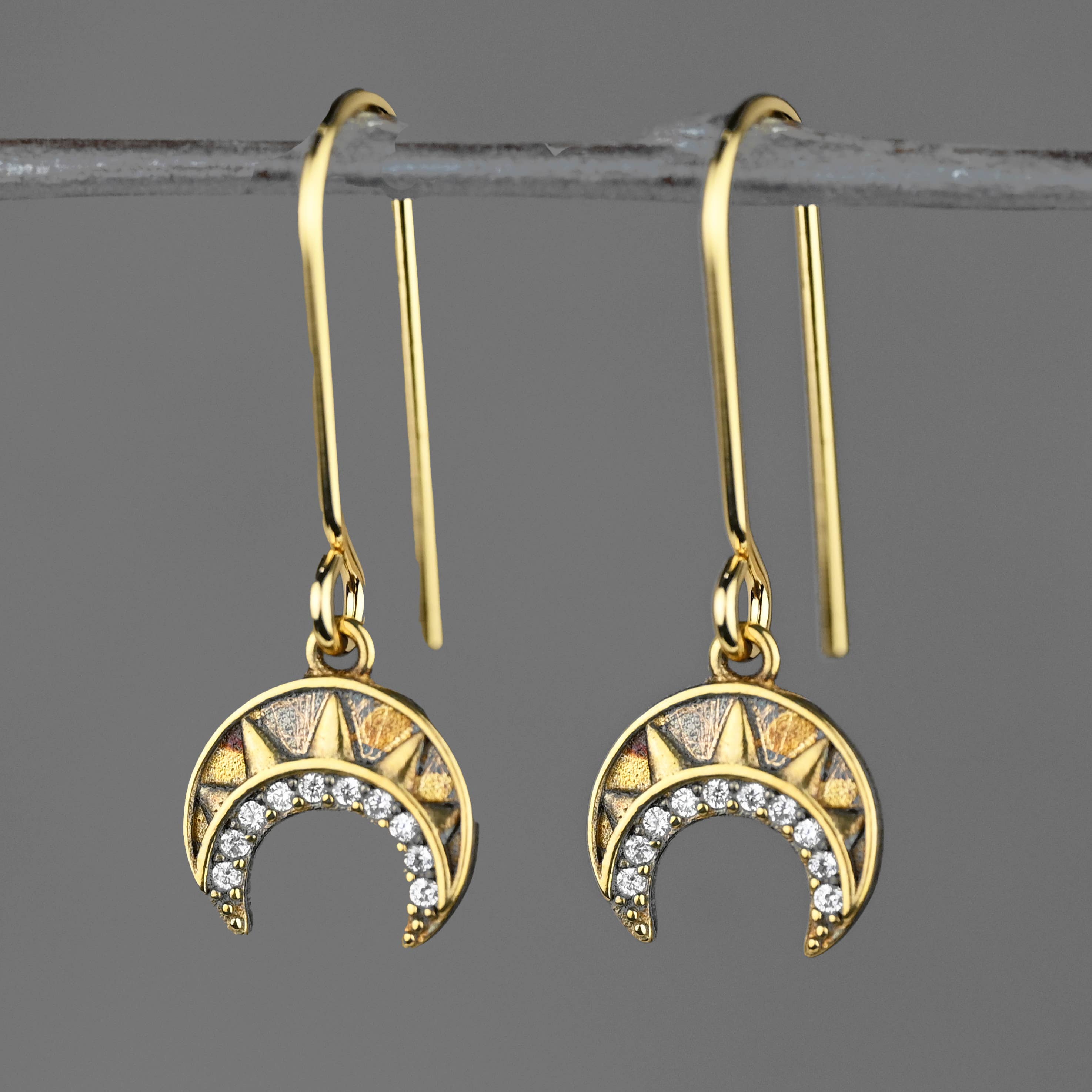 Vintage Deco Crescents w/ Tiny Crystals Earrings