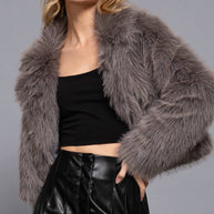 Long Sleeve Notched Collar Faux Fur Cropped Jacket