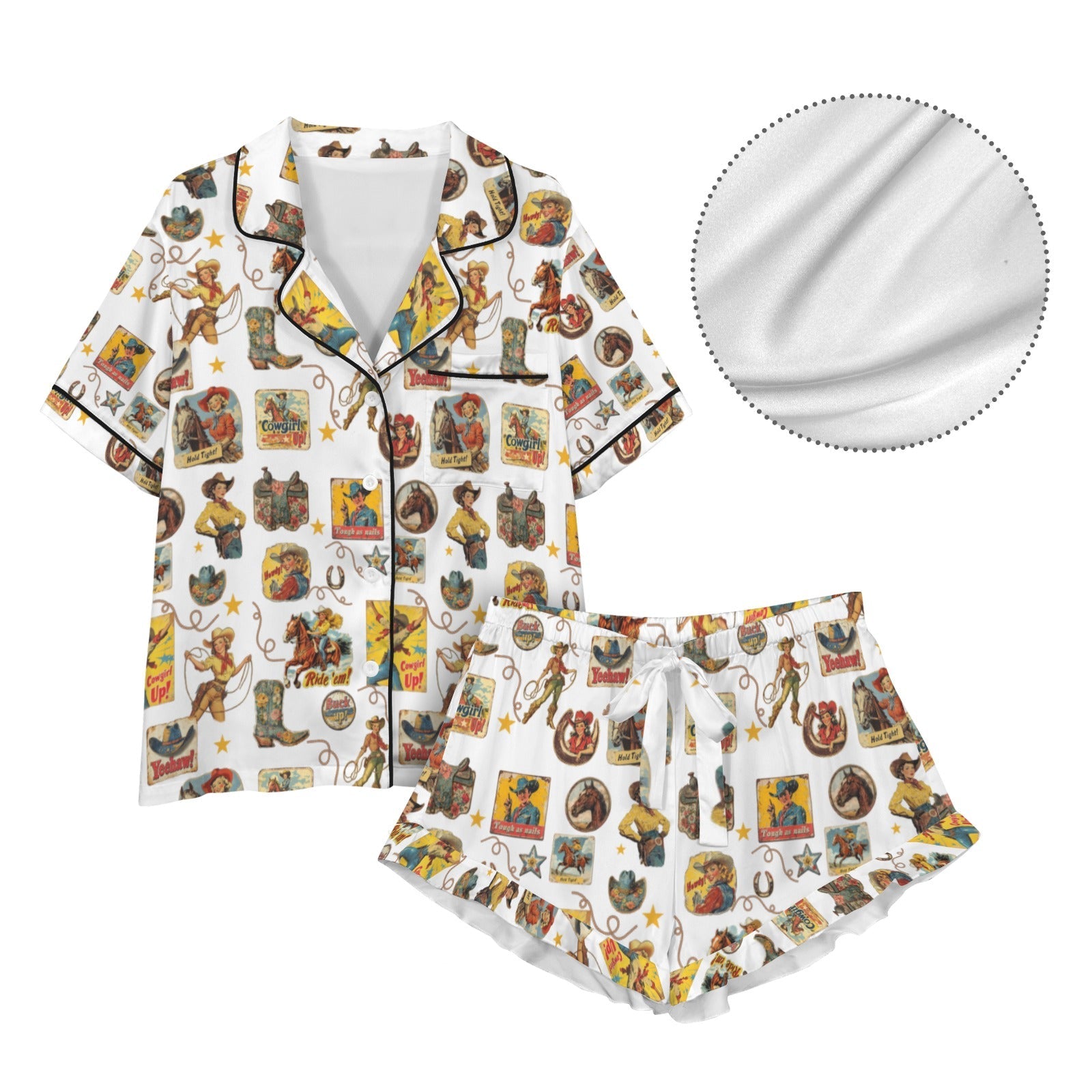 Vintage Cowgirl Collage Western Satin Ruffle Pajama Set