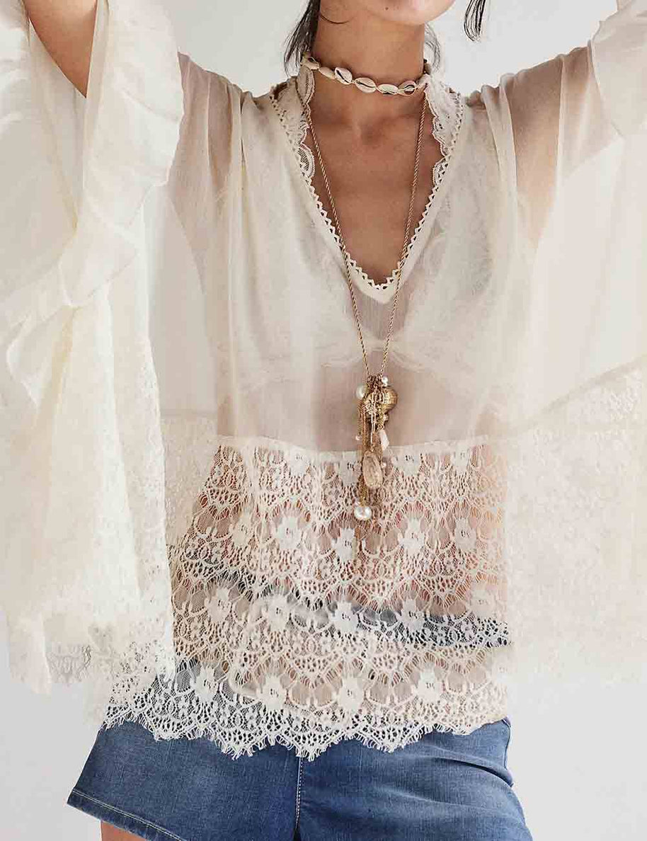 Lace Ruffle Batwing Blouse