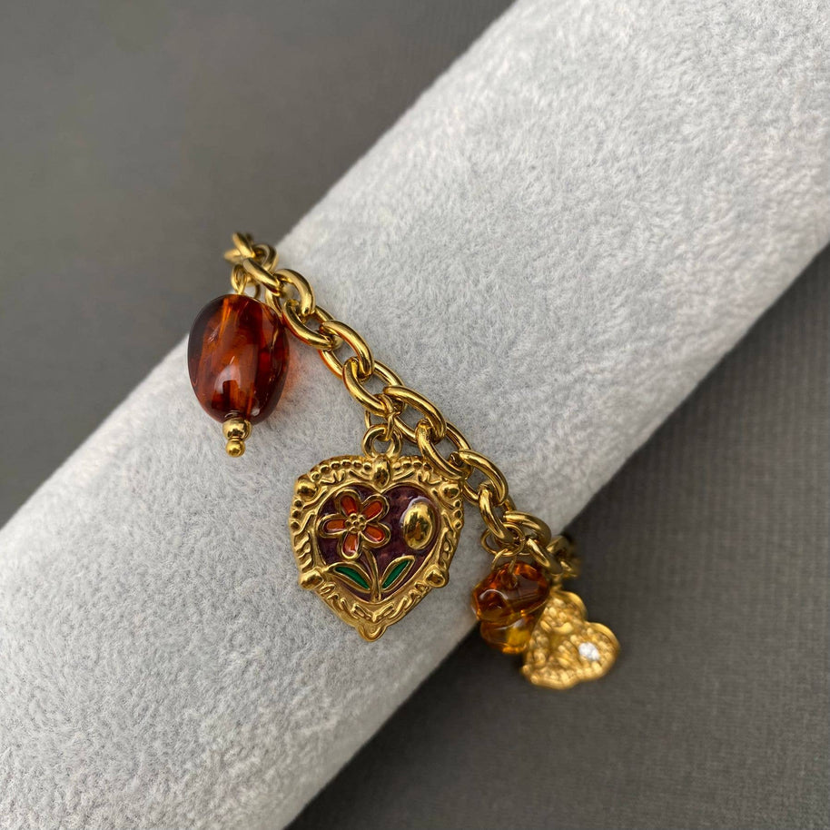 18K GP S. Steel Flower Heart & Bee Charm Bracelet