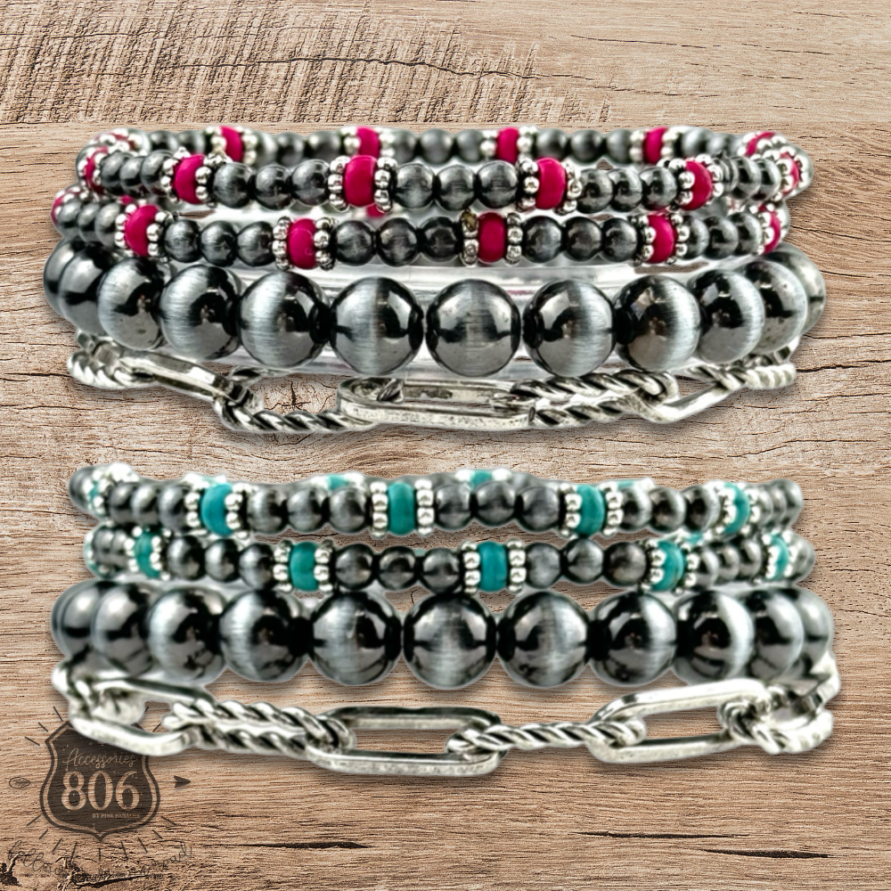 Western burnished pearl bead & chain bracelet set
