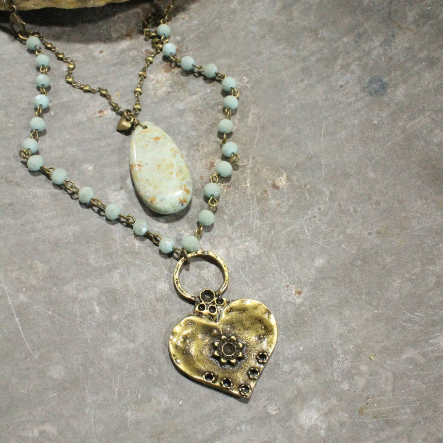Double Layered Stone & Bronze Heart Drop Necklace