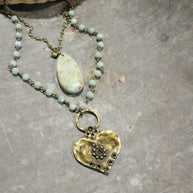 Double Layered Stone & Bronze Heart Drop Necklace