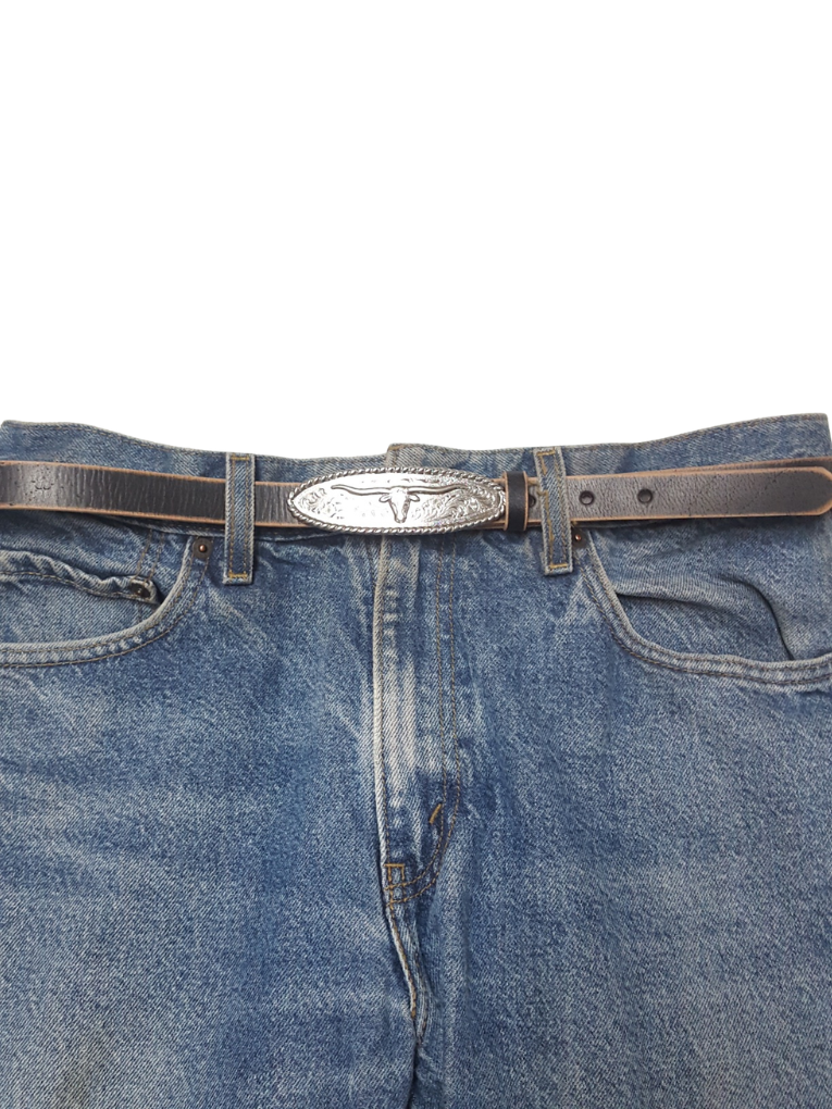 Vintage Skinny Black Leather Belt w. Long horn Buckle