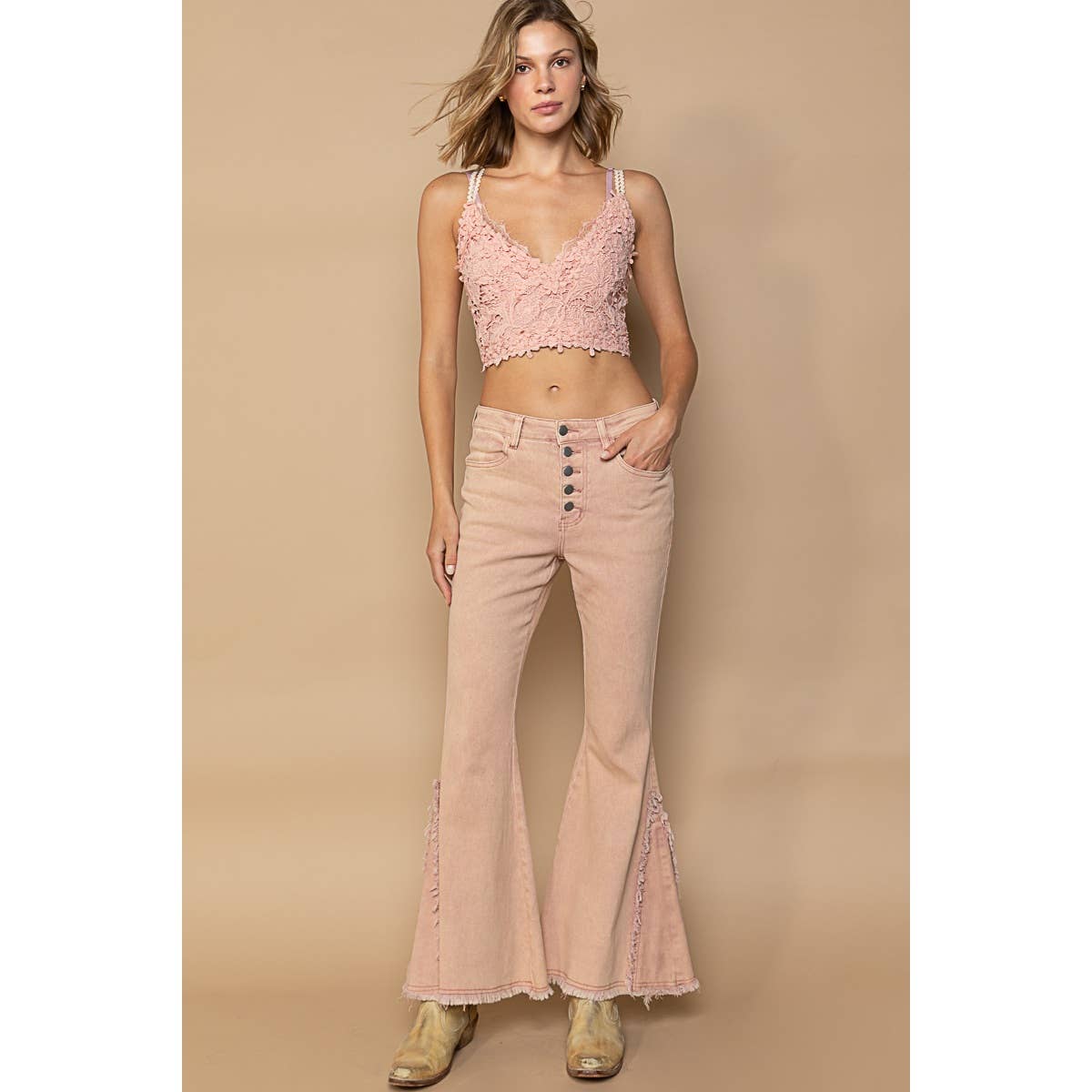 Frayed edge twill flare pants