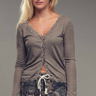 Lace Trim Button-Front Ribbed Knit Top