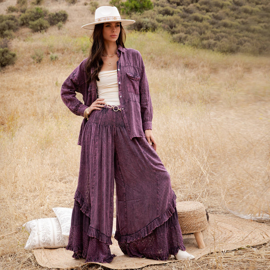 Mineral Wash Lace Tiered Ruffle Pants