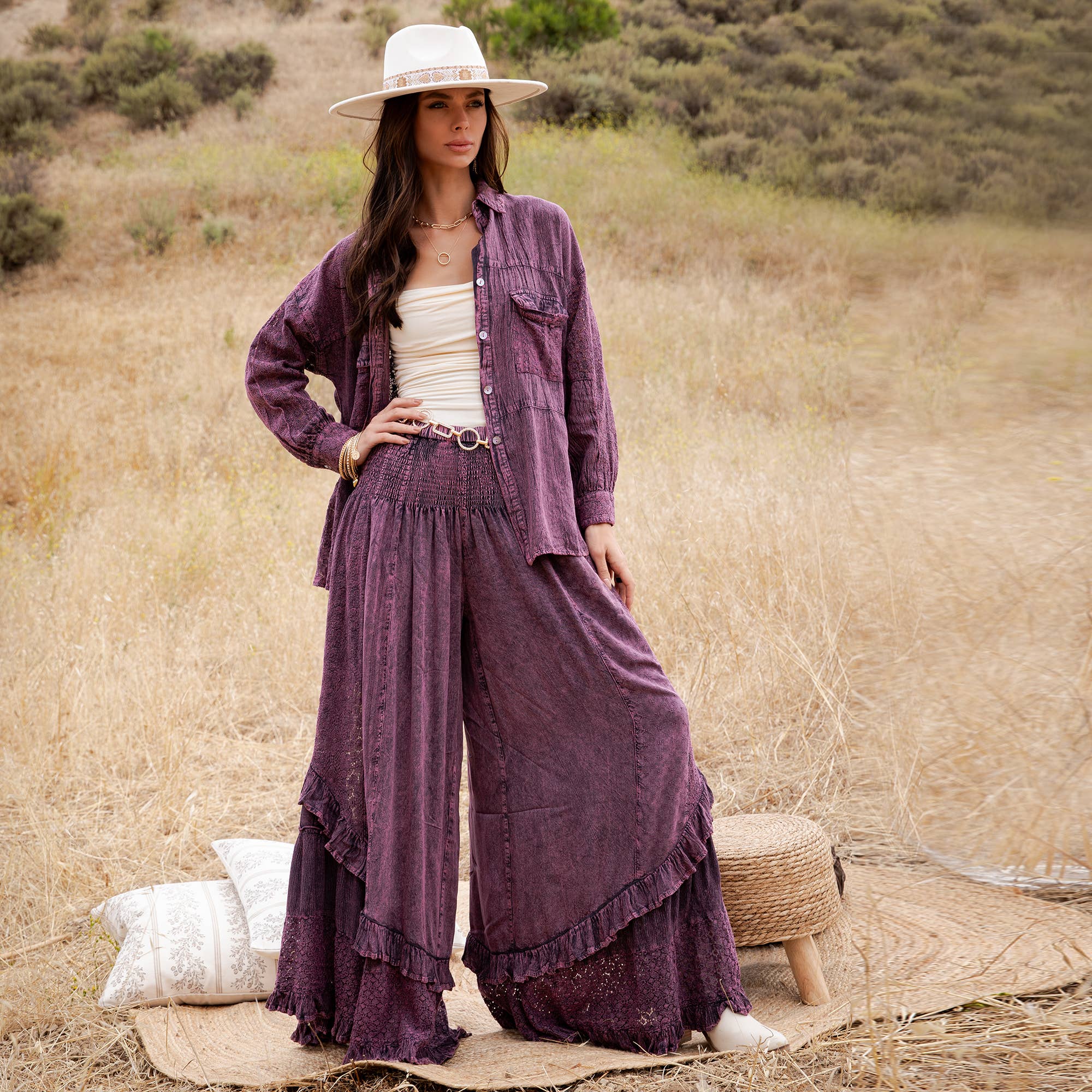 Mineral Wash Lace Tiered Ruffle Pants