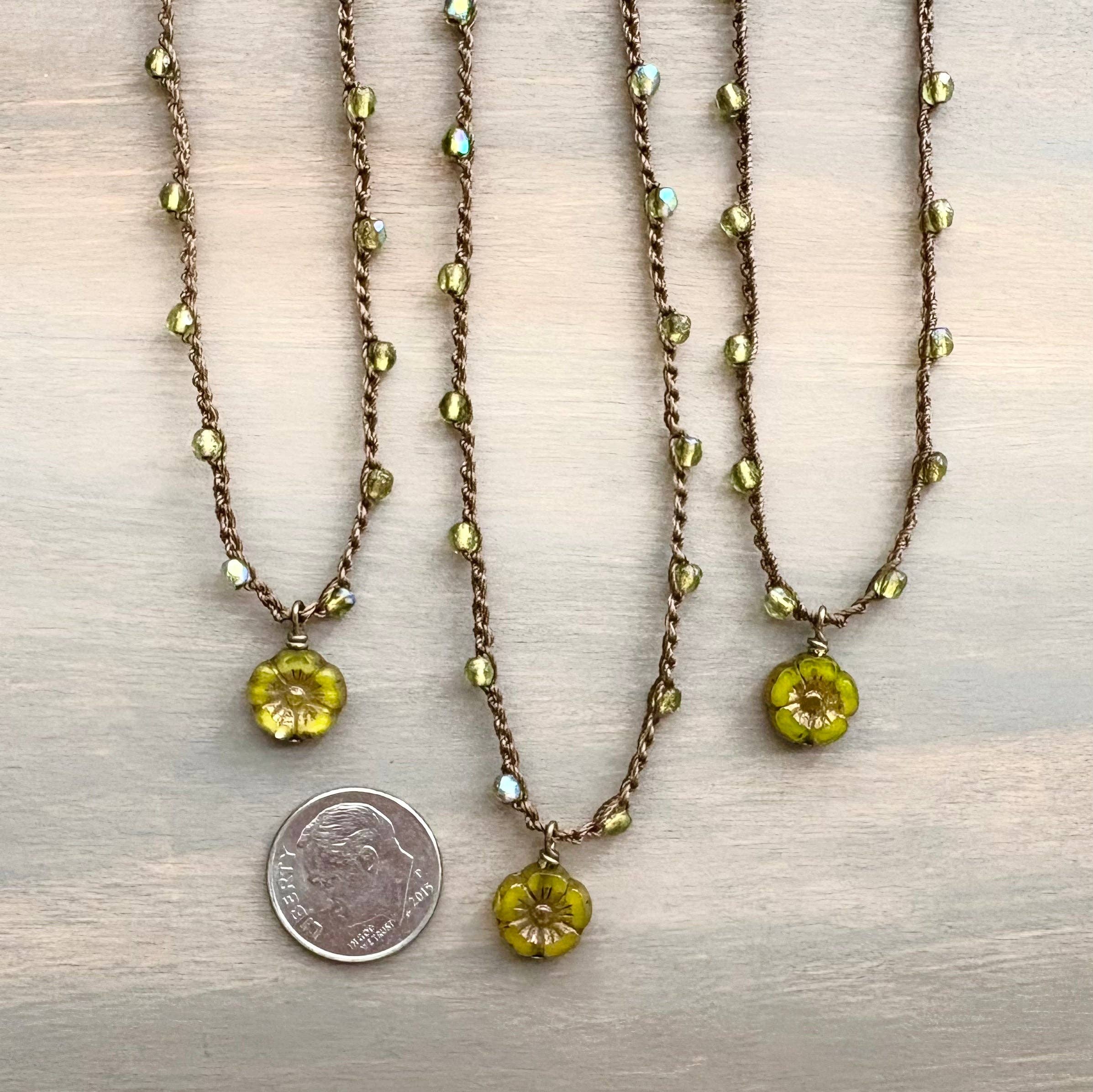 Petite Olivine Crystal Flower Crocheted Necklace
