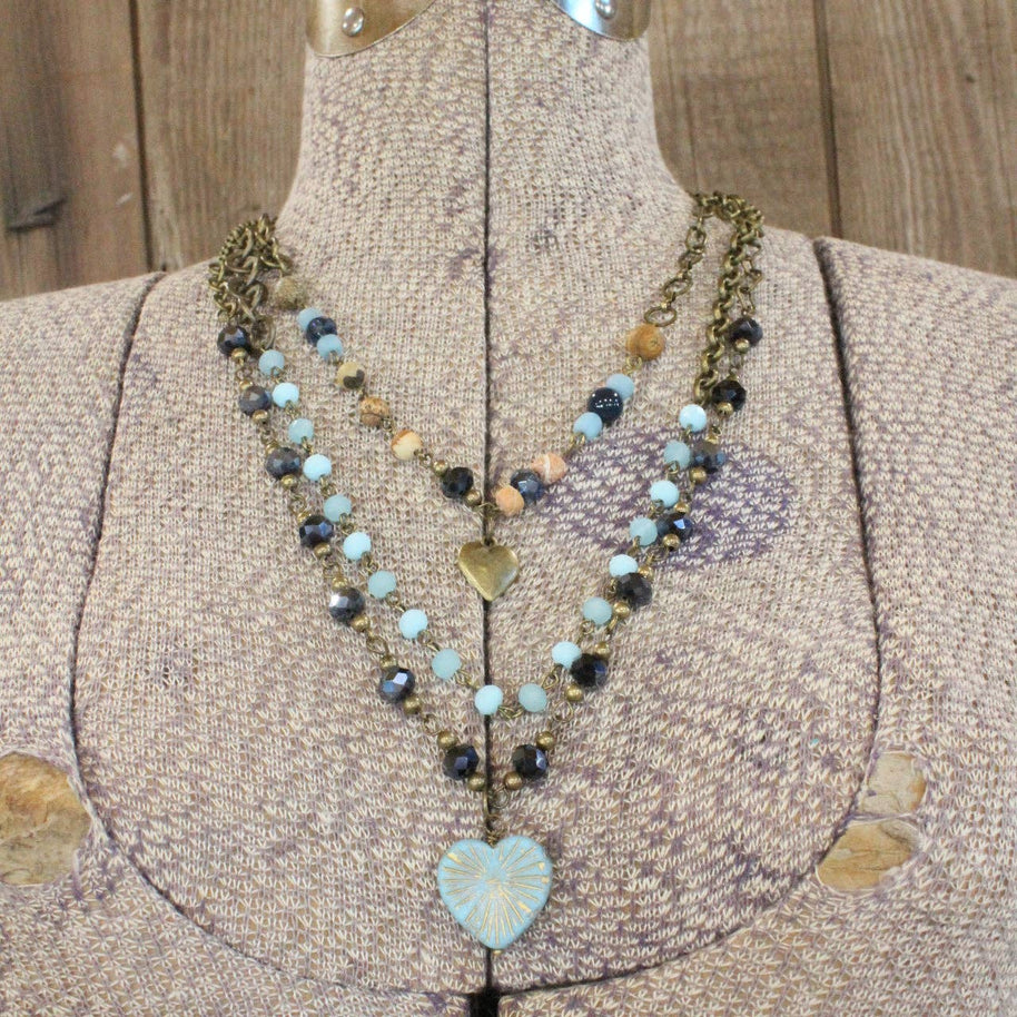 Shades Of Blue Czech heart layered Necklace