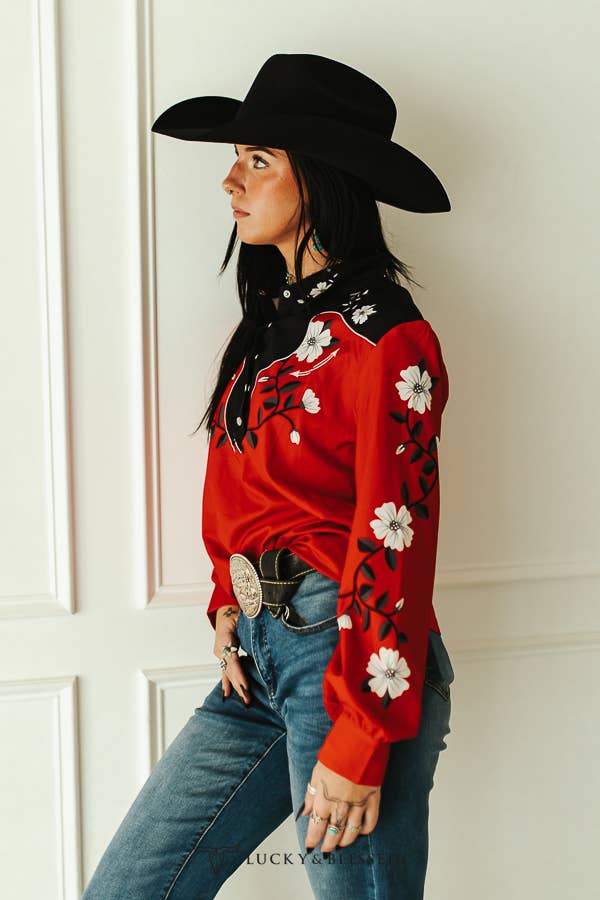 Red Floral Western Yoke Pearl Snap Rodeo Top