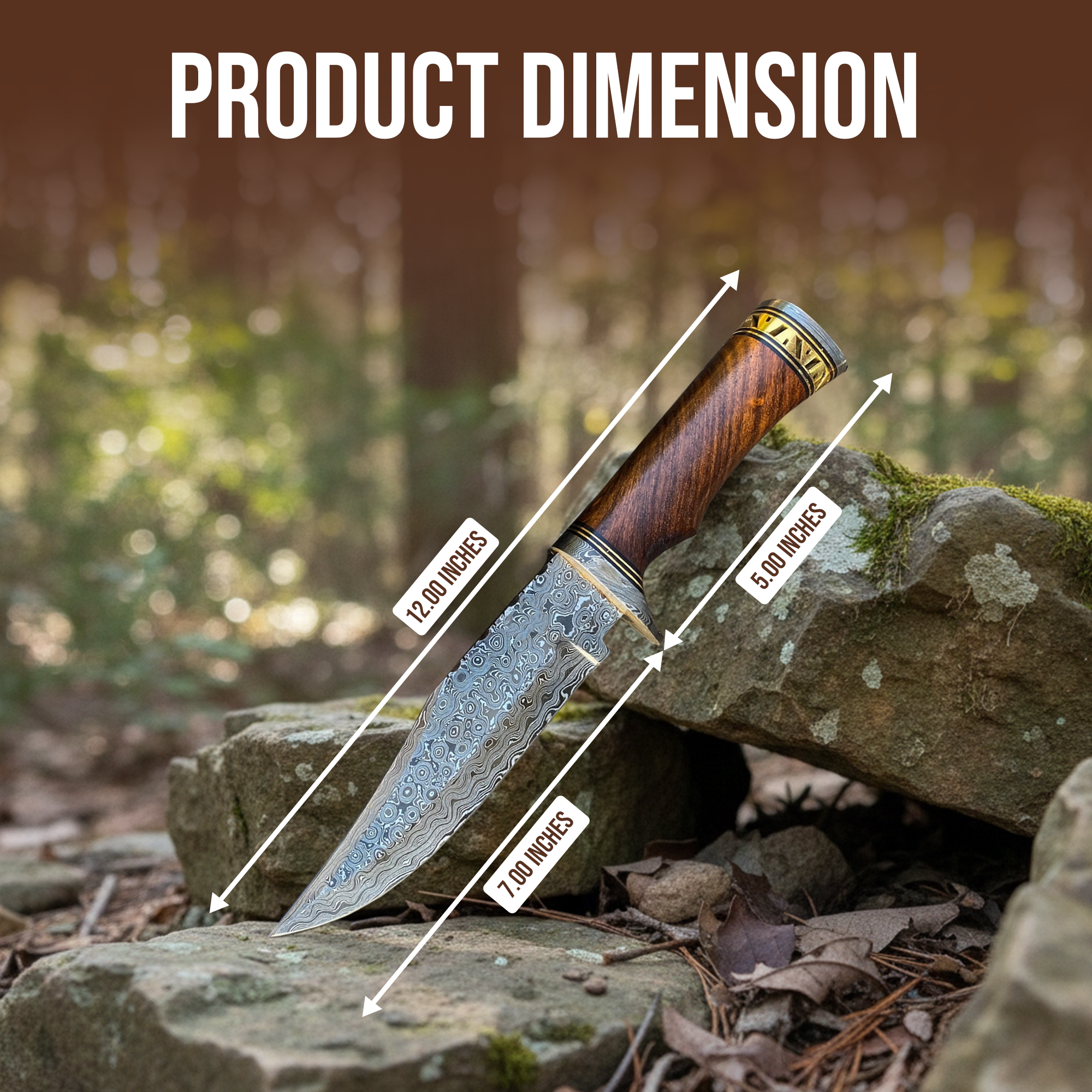 Large Damascus Knife, Round Wood Handle