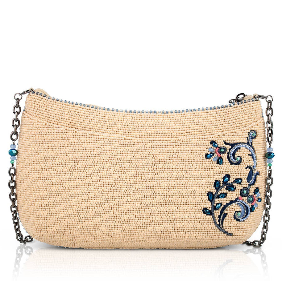 Mediterranean Mood Blue & Cream Floral Beaded Crossbody Bag