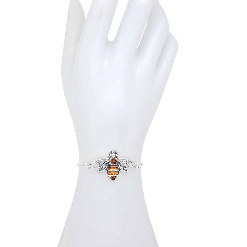 Cognac Amber Sterling Silver Bee Link Bracelet