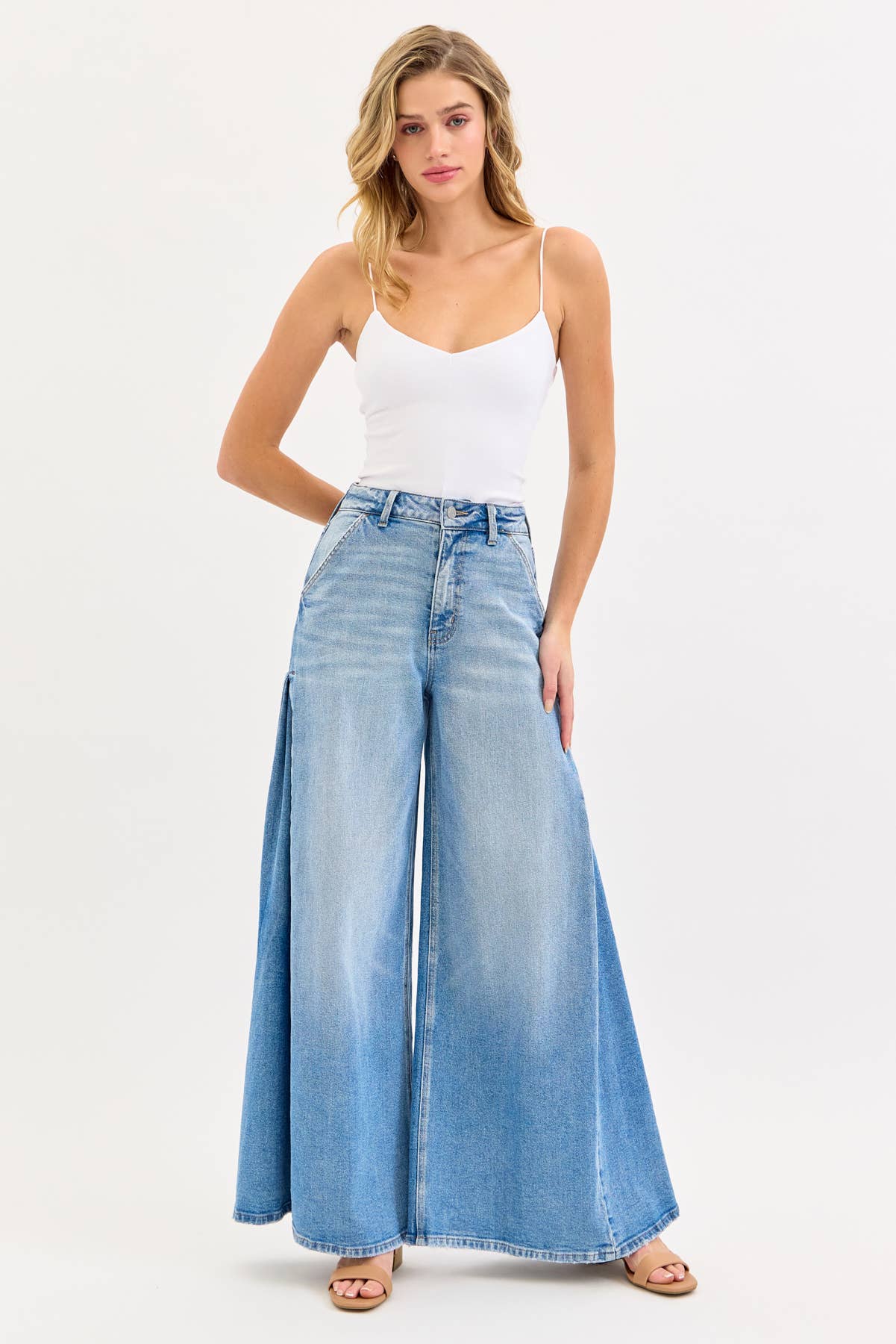 High Rise Wide Leg Jeans with Tucked Side Panel