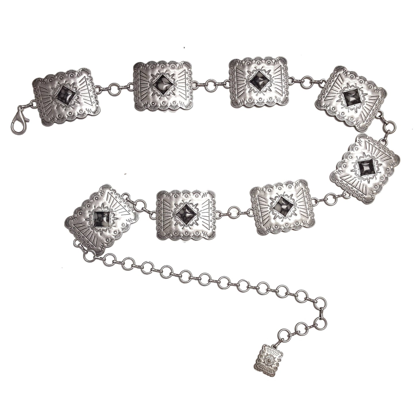 Western Silver Rectangular Concho Chain belt with stones