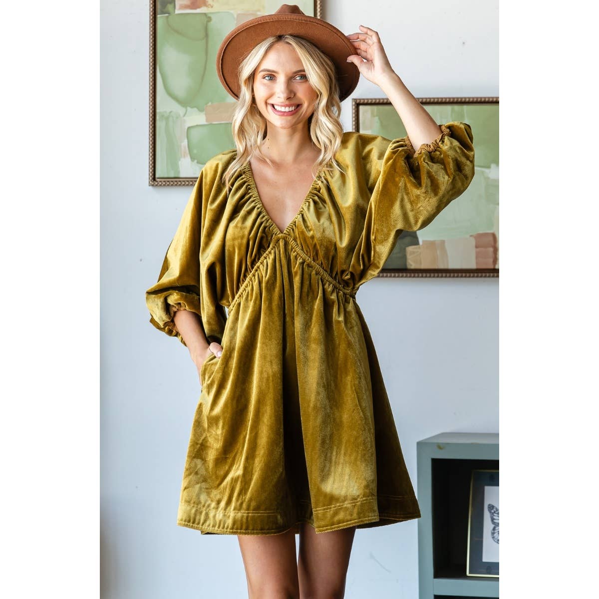 Velvet Puff Sleeve Deep V-neck Short Dress