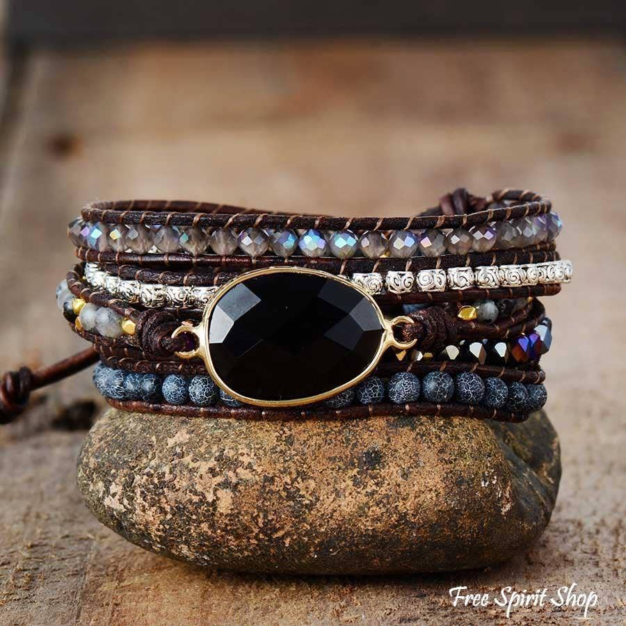 Natural Black Onyx Beaded Wrap Bracelet