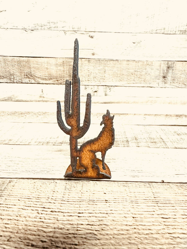 Coyote and Cactus Rustic Metal Doodad Standing Figurine