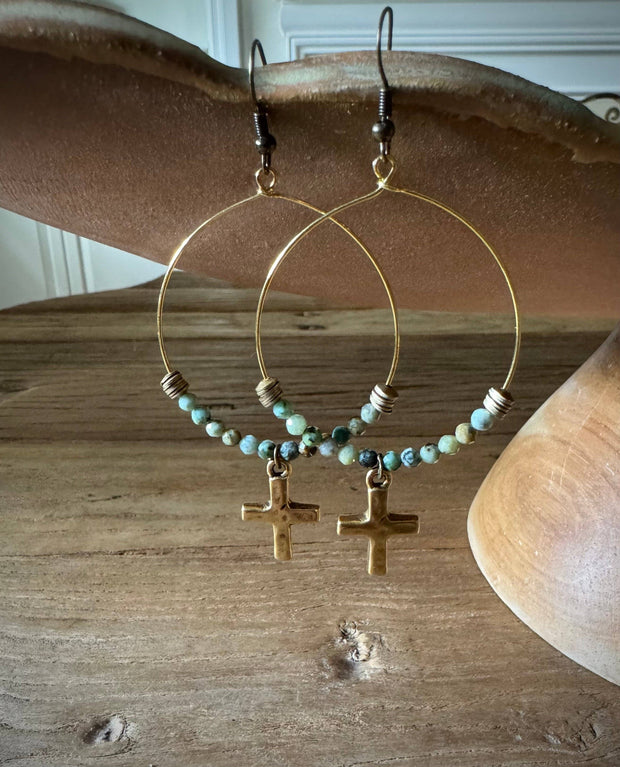 Turquoise Cross Hoop Earring