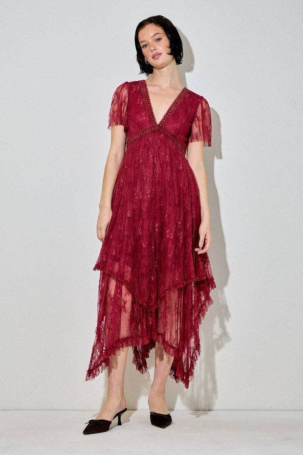 Embellished Lace Dress, Burgundy