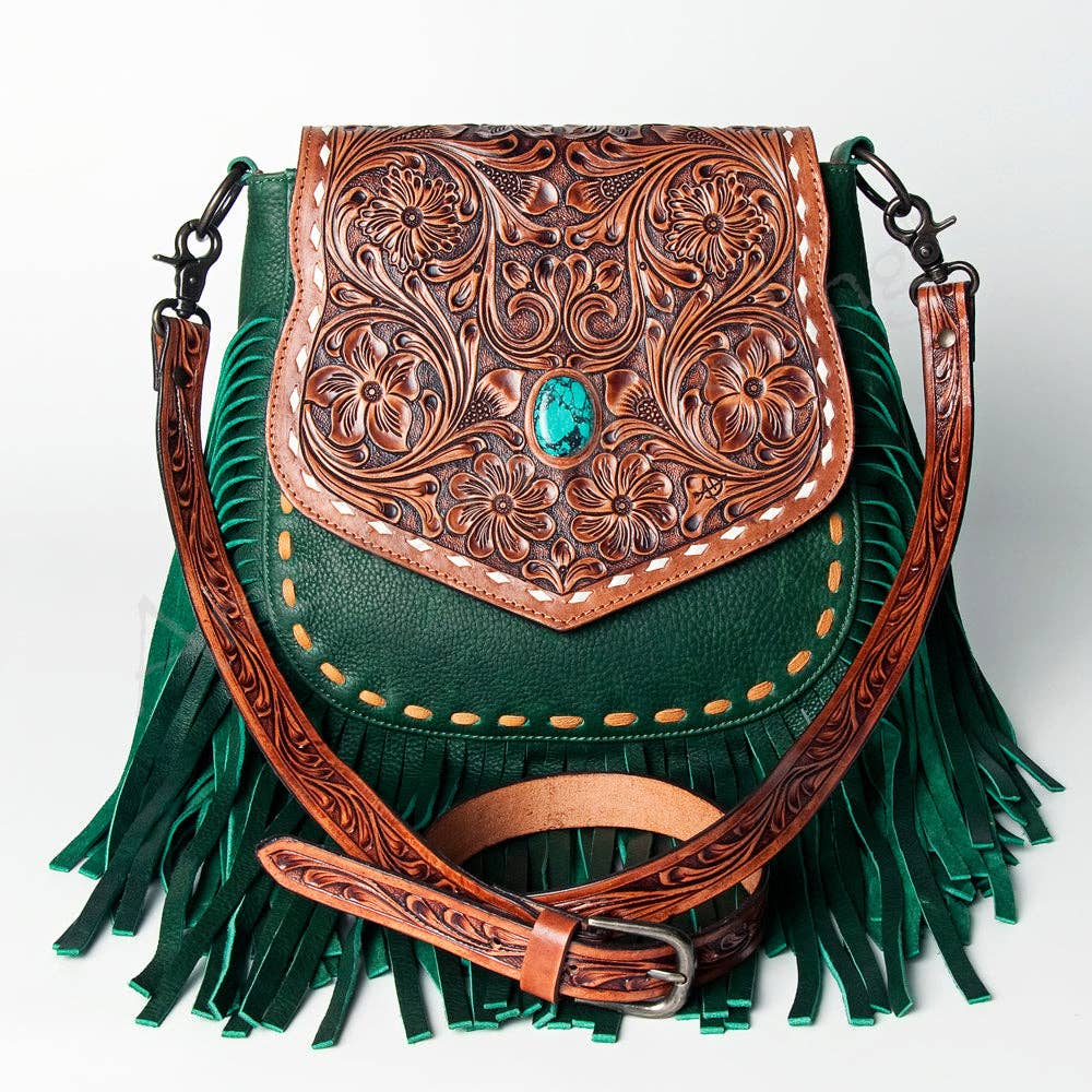 Green Leather Western Fringe Messenger Bag