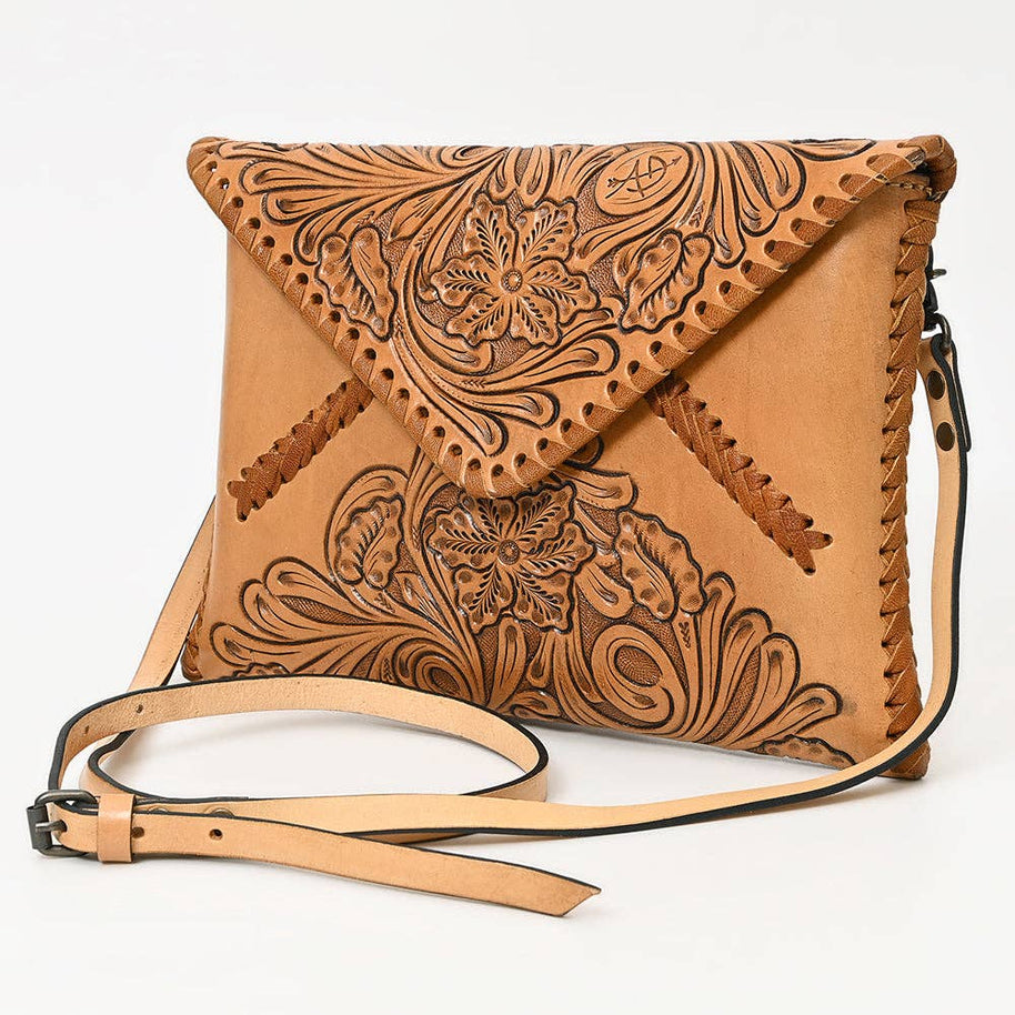 Hand-Tooled Floral Leather Envelope Purse, Multiple Colors