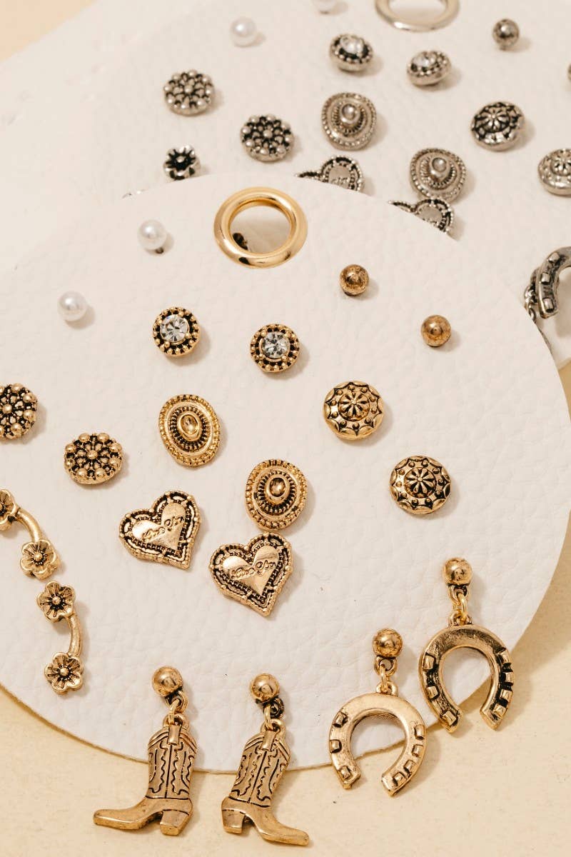 Hearts And Western Cowboy Western Stud Earrings Set