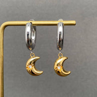 CZ Inlaid Moon 18K GP S. Steel Huggie Earrings