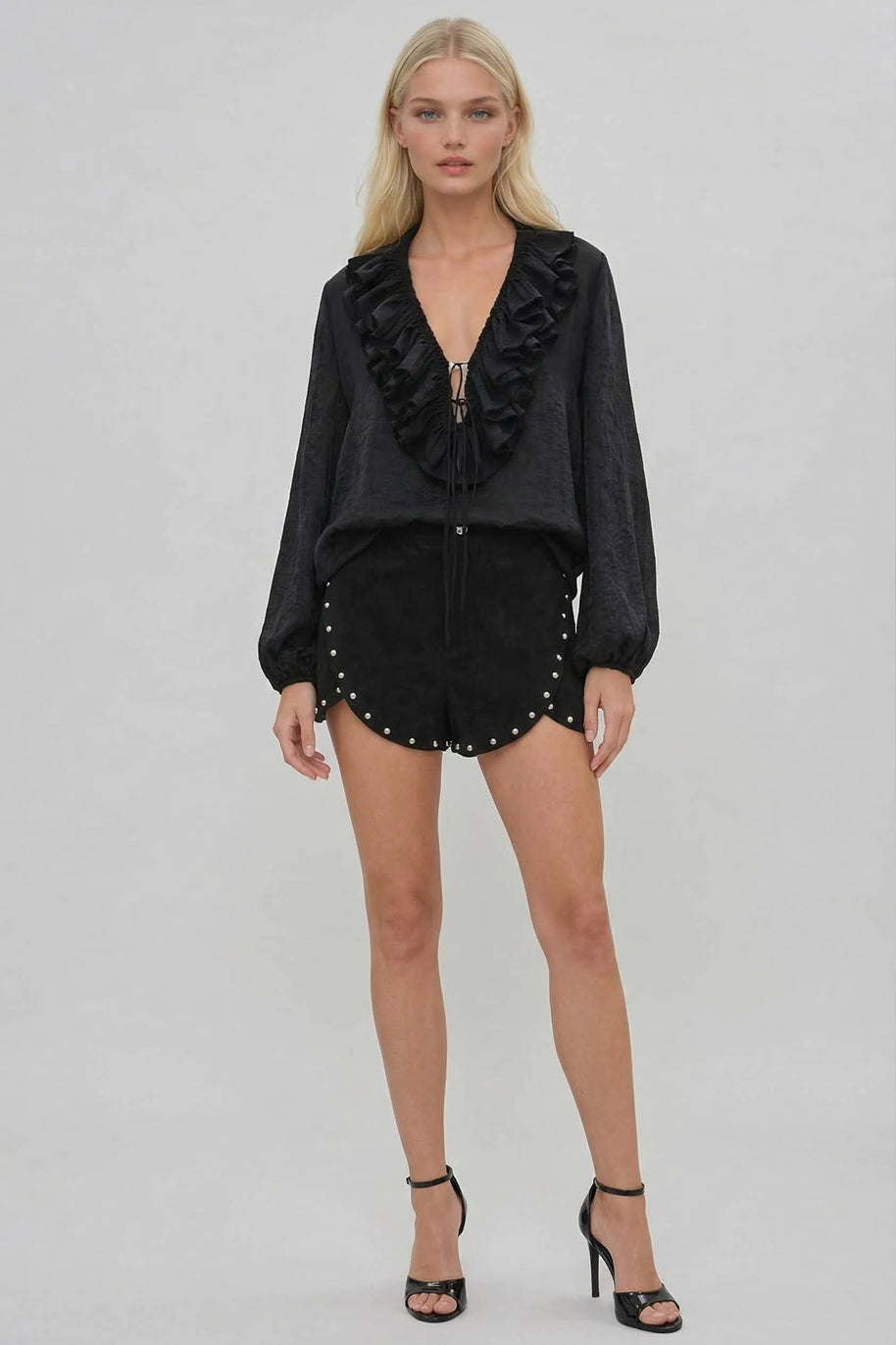 Black Heavyweight Faux Suede Studded Shorts