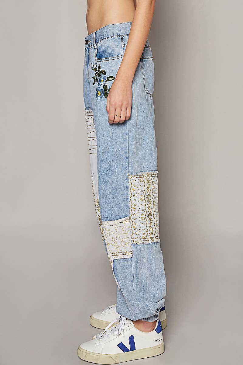 Embroidered Patchwork detail Jogger Pants