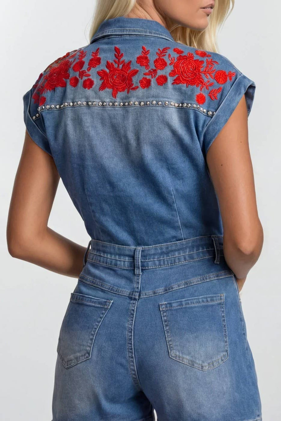 Embroidered Western Denim Romper