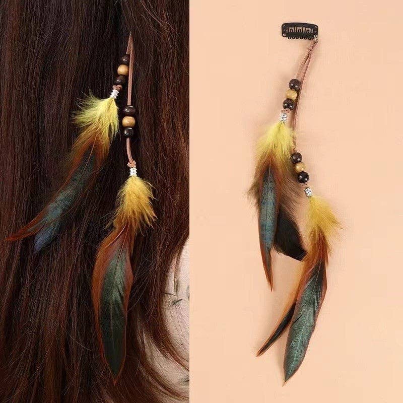 Long Beaded Feather Tassel Hair Clip
