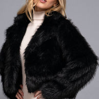 Long Sleeve Notched Collar Faux Fur Cropped Jacket
