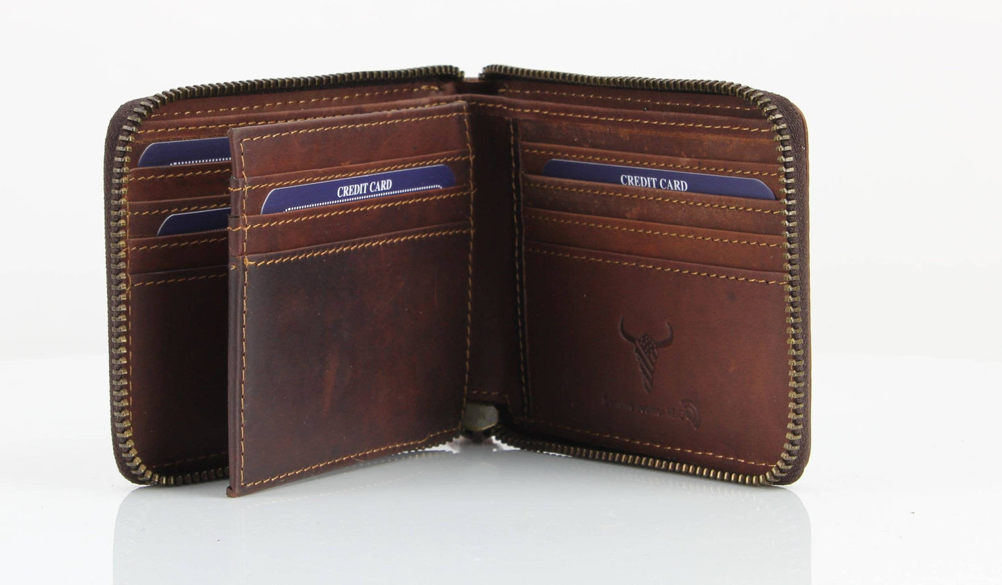 American Bison RFID Leather Zip Around Bi Fold Wallet